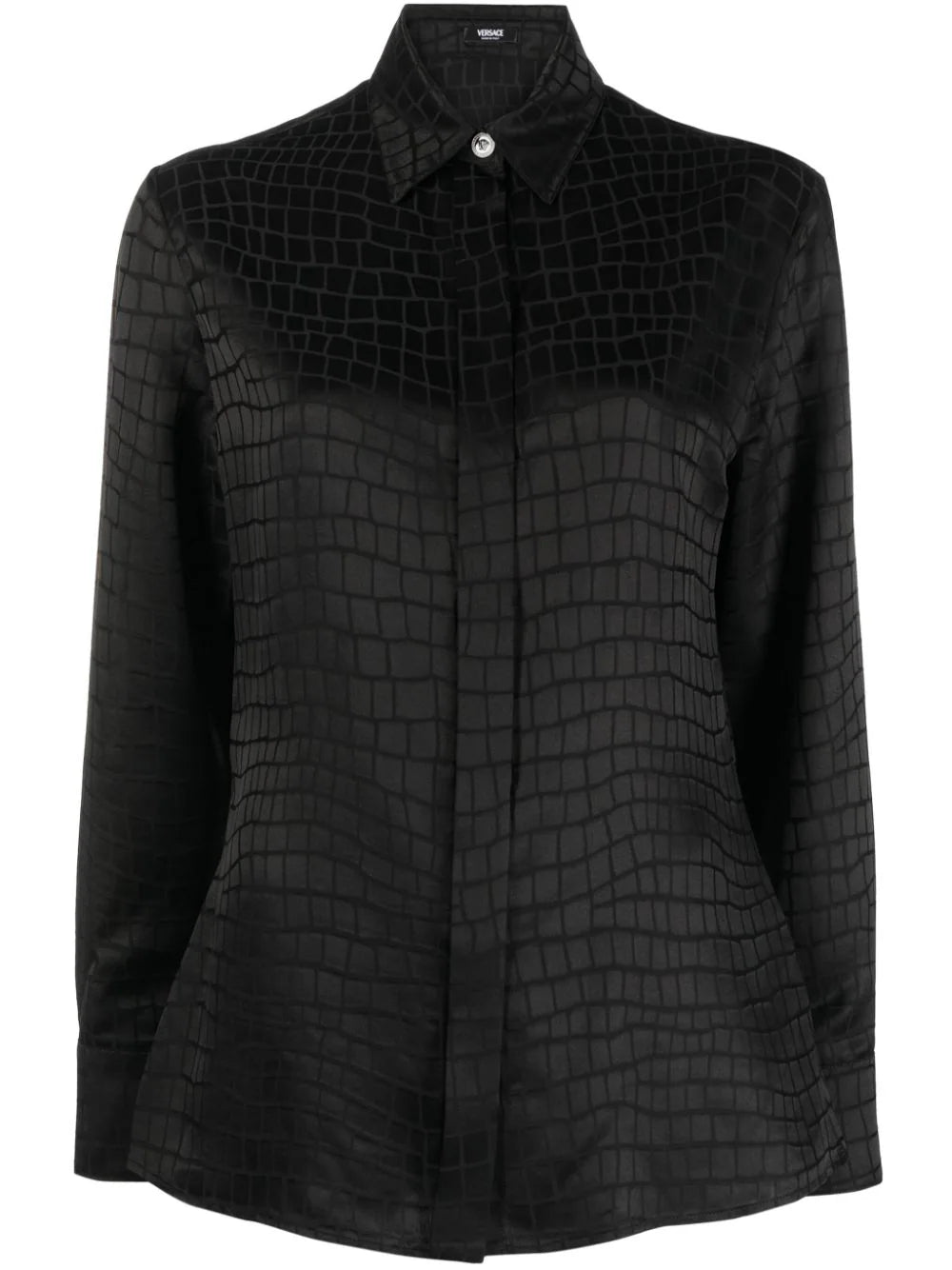 Elegant long sleeve designer shirt with hidden buttons, crocodile effect.