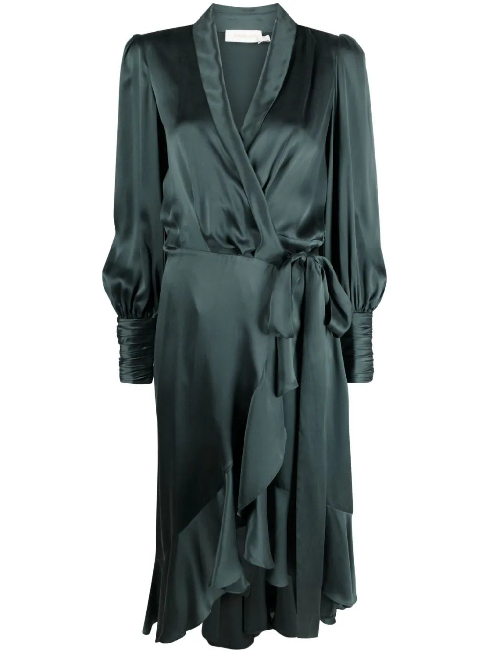 Front view of the chic asymmetric silk midi dress showcasing the V-neck design and front tie closure.